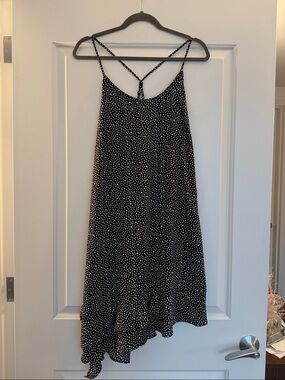 Aqua Black & White Polka Dot Asymmetrical Slip Dress